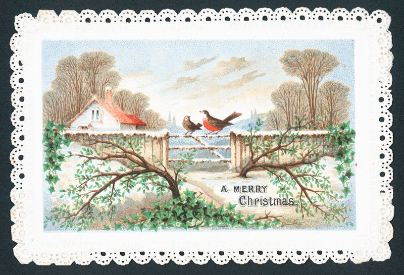 Robins sitter på grinden, julkort av English School