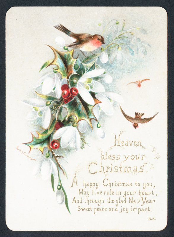 Robins med järnek och snödroppar, julkort av English School