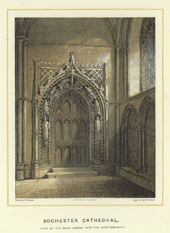Rochester Cathedral, utsikt över dörren som leder in till kapitelhuset av English School