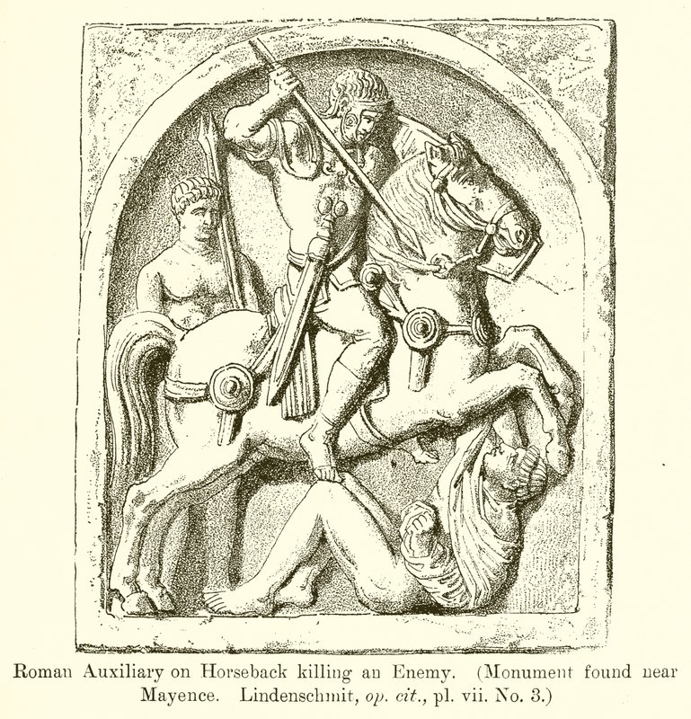 Romersk medhjälpare till häst som dödar en fiende. (Monument hittat nära Mayence. Lindenschmit, op. cit., vii. No. 3) av English School
