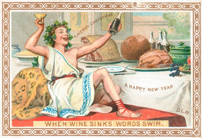 Roman njuter av vin och julfest, julkort av English School