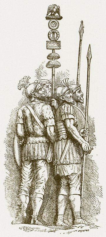 Romerska soldater, illustration för History of England av H. O. Arnold-Forster, publicerad 1897 (digitalt förbättrad bild) av English School