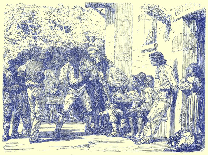 Romans playing at Mora, illustration från Illustrated Travels, redigerad av H. W. Bates, publicerad ca 1880 (digitalt förbättrad bild) av English School