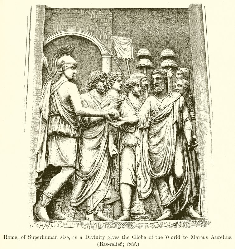 Rom, av övermänsklig storlek, ger som en gudomlighet världens klot till Marcus Aurelius. (Bas-Relief; ibid) av English School
