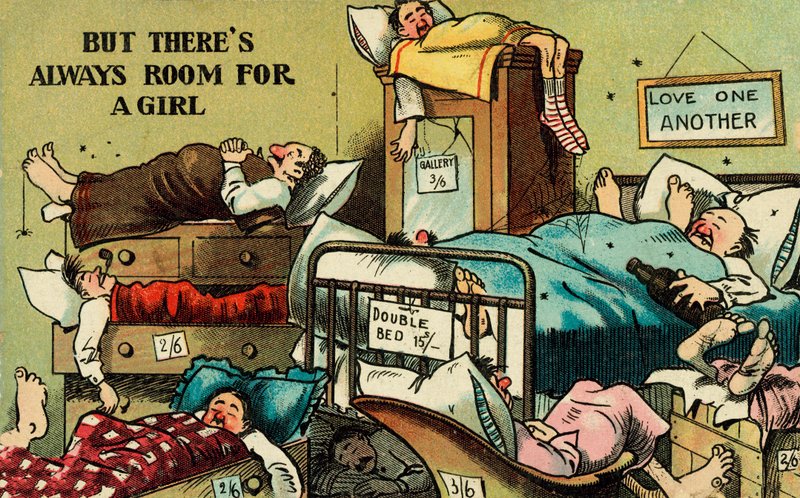 Rum fullt av män som sover i alla tillgängliga utrymmen (färg litho) av English School