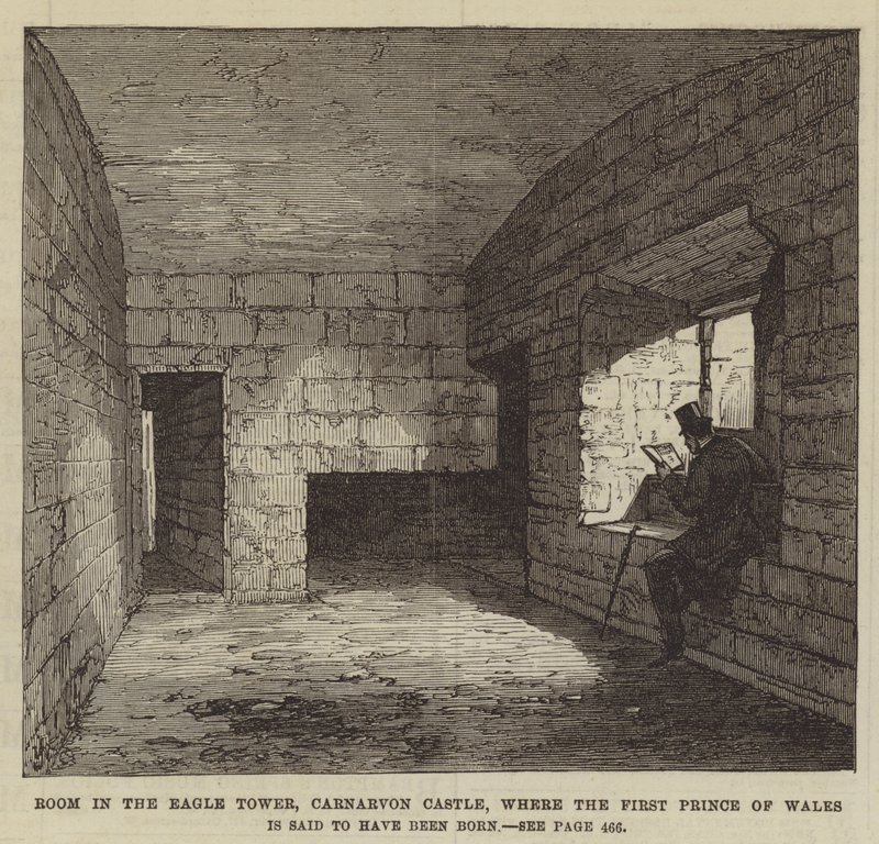 Rum i Eagle Tower, Carnarvon Castle, där den första prinsen av Wales sägs ha fötts (gravyr) av English School