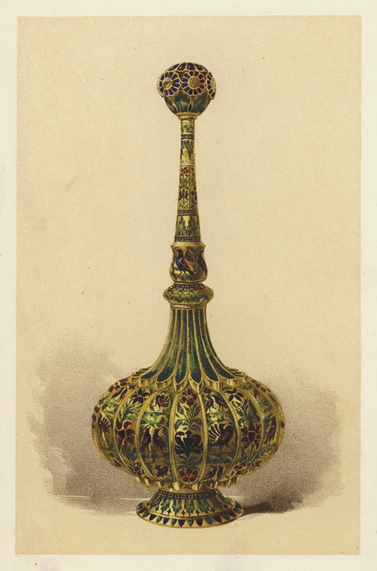 Rosenvattenflaska, i förgyllt silver och emaljerad (chromolitho) av English School