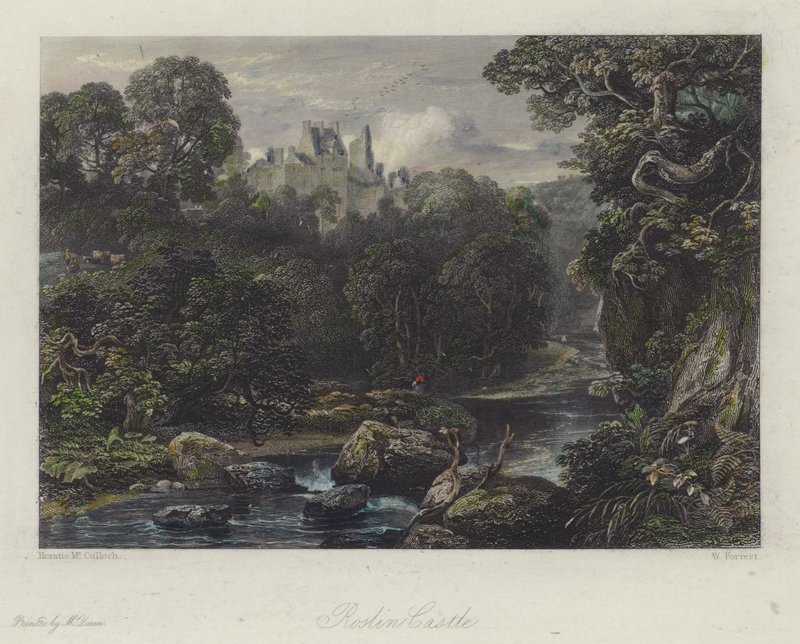 Roslin Castle, Skottland (färgad gravyr) av English School