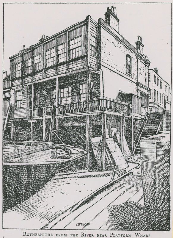 Rotherhithe från Themsen nära Platform Wharf; Ängeln av English School