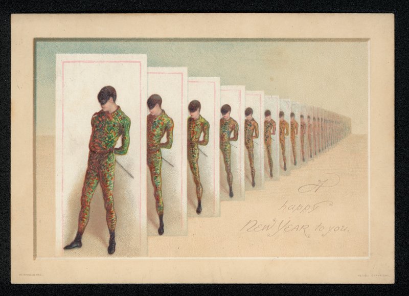 Rad med kort med en bild av en maskerad man, hälsningskort för nyår (chromolitho) av English School