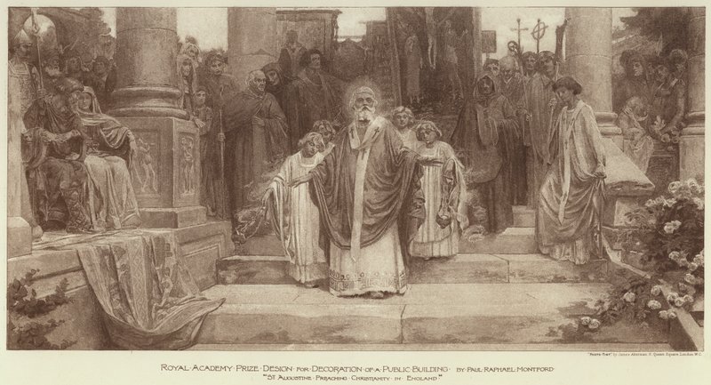 Royal Academy Prize Design för utsmyckning av en offentlig byggnad, "St Augustine Preaching Christianity in England" (gravyr) av English School