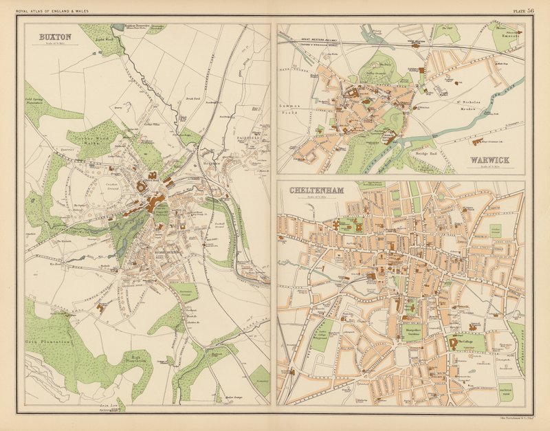 Royal Atlas, c 1900: Buxton; Warwick; Cheltenham (färg litho) av English School