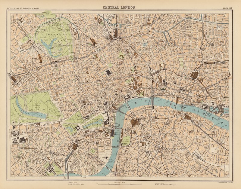 Royal Atlas, c 1900: Centrala London (färg litho) av English School