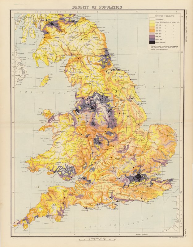 Royal Atlas, c 1900: Befolkningstäthet (färg litho) av English School