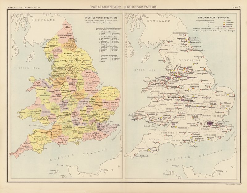 Royal Atlas, c 1900: Parlamentarisk representation (färg litho) av English School