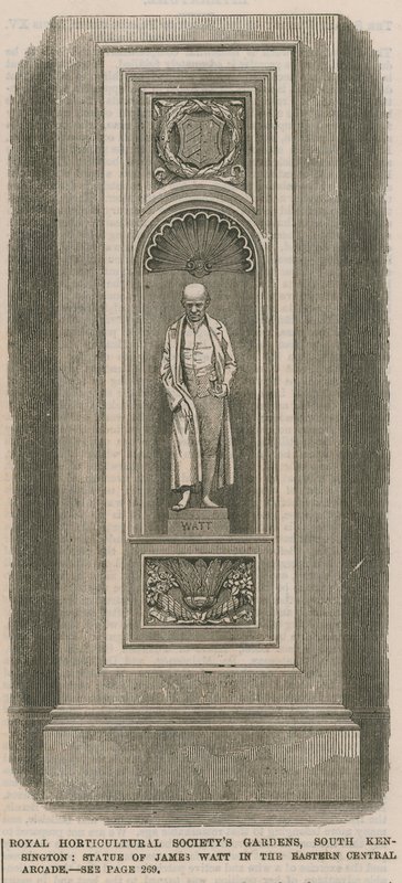 Royal Horticultural Society Gardens, South Kensington: staty av James Watt i den östra centrala arkaden av English School