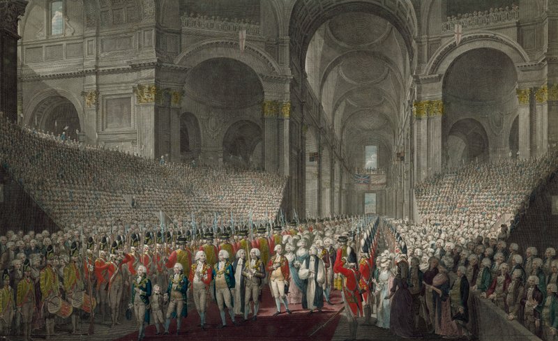 Kunglig procession i St Pauls Cathedral på St Georges Day, 1789 av English School