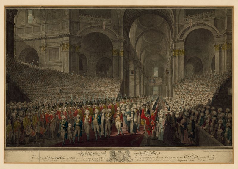 Kunglig procession i St Pauls Cathedral på St Georges Day, 1789 av English School