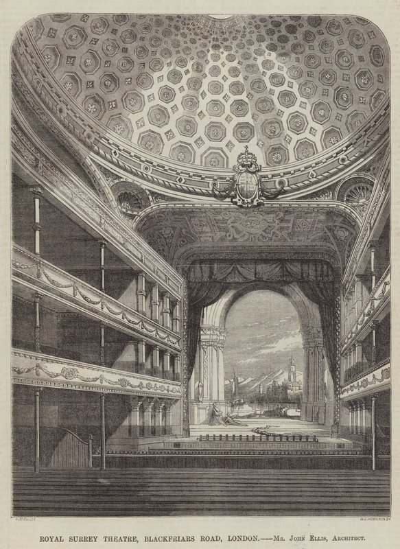 Royal Surrey Theatre, Blackfriars Road, London, Mr John Ellis, arkitekt (gravyr) av English School