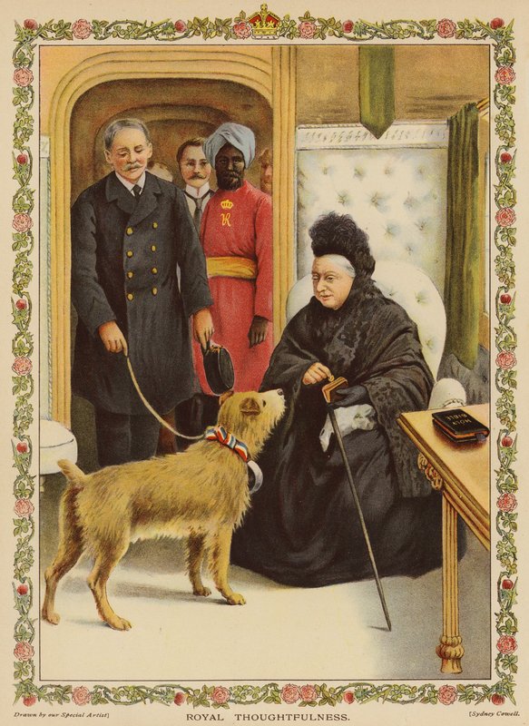 Royal Thoughtfulness - Drottning Victoria på Paddington Station, gör en donation till välgörenhet (chromolitho) av English School