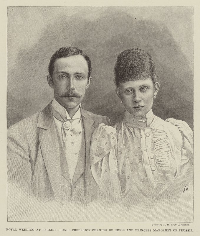 Kungligt bröllop i Berlin, prins Fredrik Charles av Hessen och prinsessan Margareta av Preussen (gravyr) av English School
