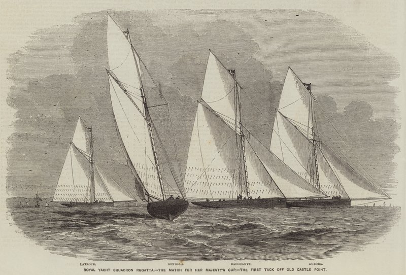 Royal Yacht Squadron Regatta, Matchen om Hennes Majestäts Cup, den första tacklingen av Old Castle Point (gravyr) av English School