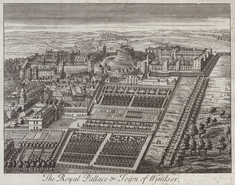 Kungliga palatset och staden Windsor, Berkshire (gravyr) av English School