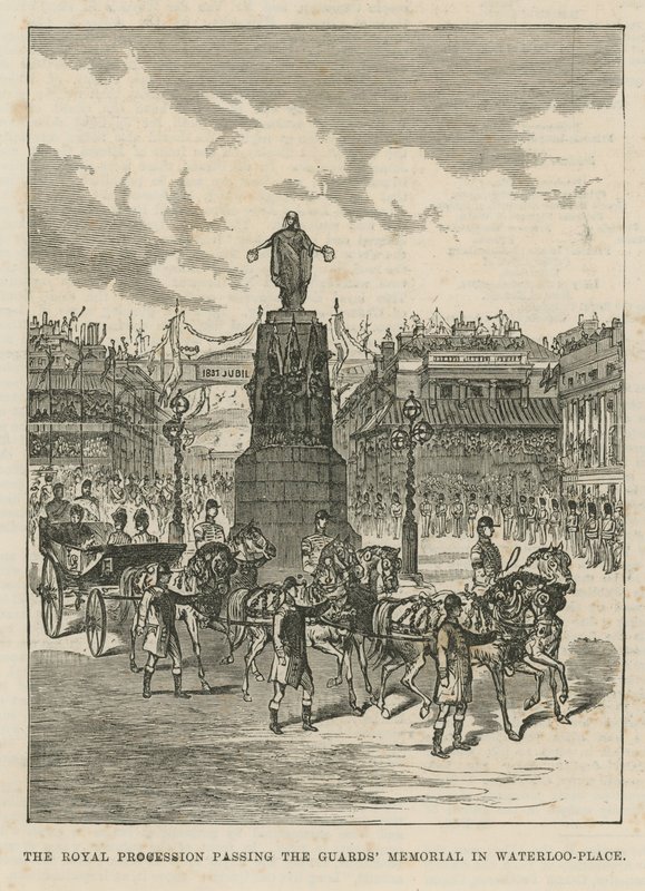 Kunglig procession som passerar Guards Memorial i Waterloo Place av English School