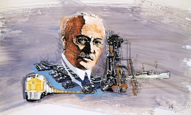 Rudolf Diesel mot bakgrund av tåg, båtar och bryggor av English School
