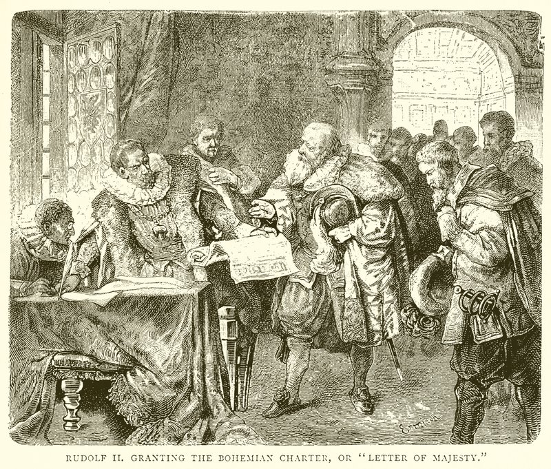 Rudolf II beviljar Bohemian Charter, eller Majestätsbrev av English School