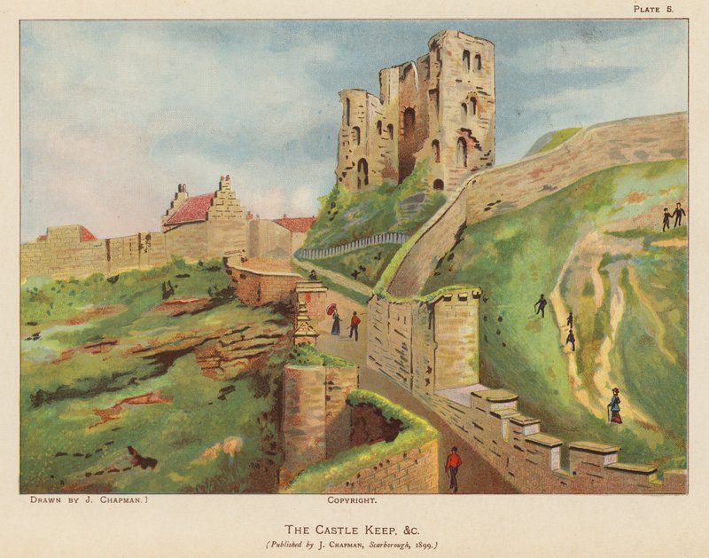 Ruin av Scarborough Castle (färglitografi) av English School