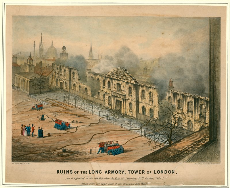 Ruinerna av Long Armory, Tower of London Fire, 1841 av English School