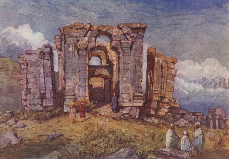 Ruinerna av Martand Sun Temple, Kashmir (färg litho) av English School