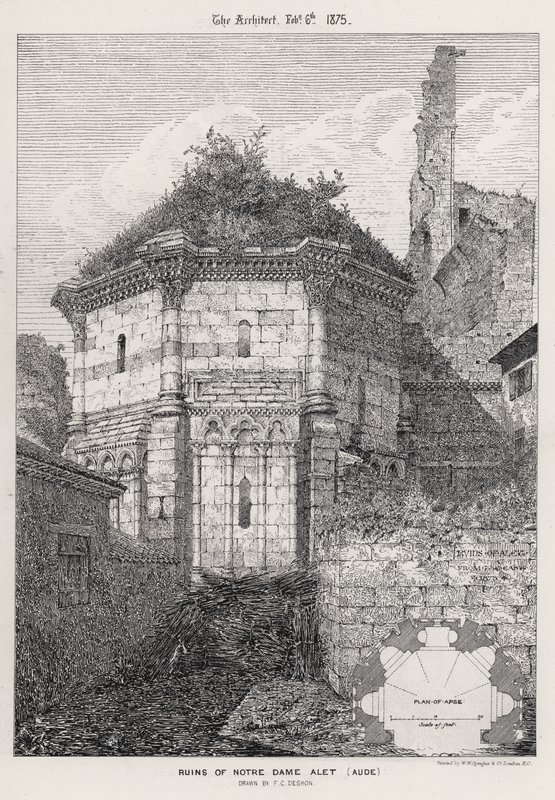 Ruinerna av Notre Dame Alet, Aude (gravyr) av English School