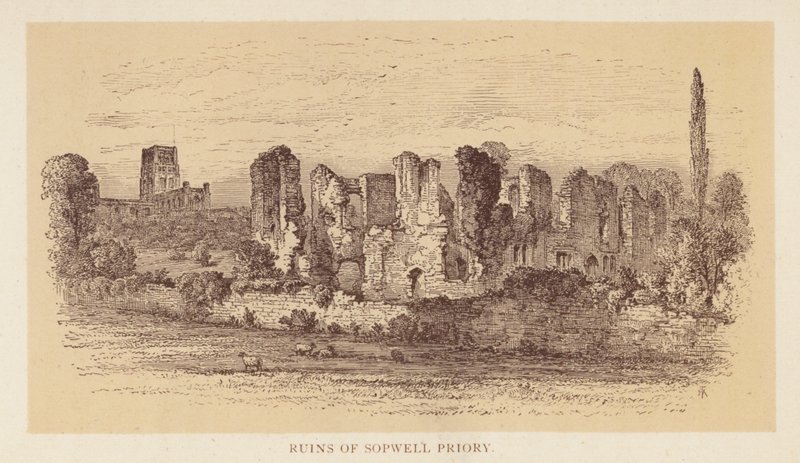 Ruinerna av Sopwell Priory (färglitografi) av English School