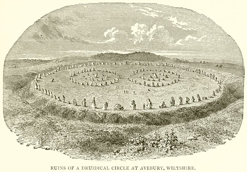 Ruinerna av en druidisk cirkel i Avebury, Wiltshire av English School