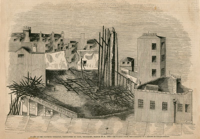 Ruinerna av den olympiska teatern, förstörda av brand, 29 mars 1849 av English School