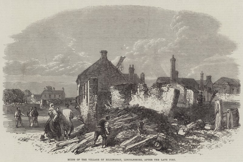 Ruinerna av byn Billinghay, Lincolnshire, efter den sena branden (gravyr) av English School