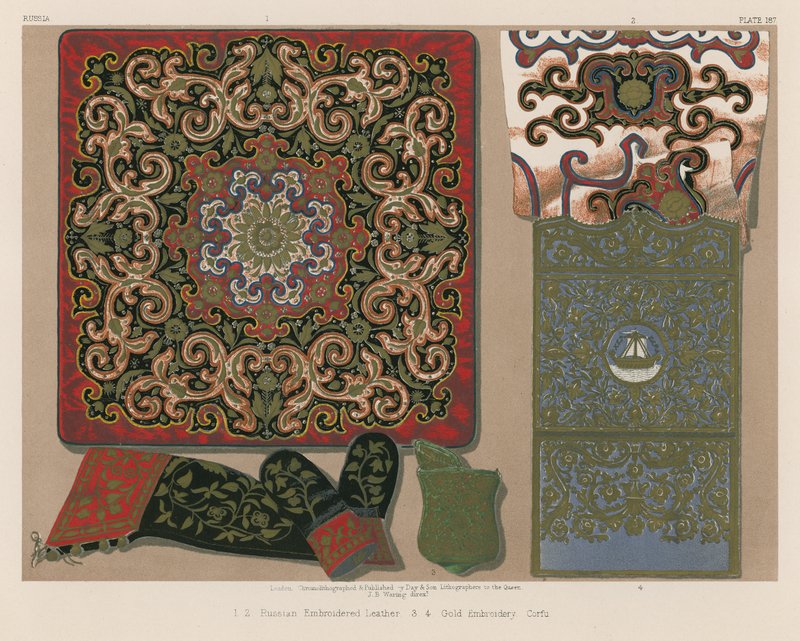 Ryskt broderat läder, guldbroderi, Korfu (chromolitho) av English School