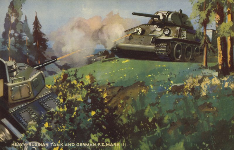 Rysk tung stridsvagn och tysk Panzer III, andra världskriget (färg litho) av English School