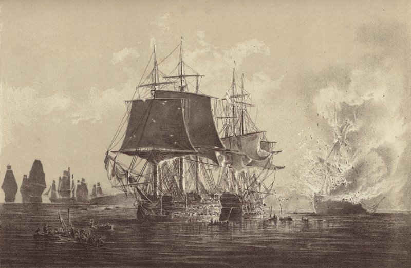 Ryska fartyget Vsevolod förstört i närvaro av den ryska flottan efter aktionen med HMS Implacable, knutet till svenska flottan och under befäl av kapten Thomas Byam Martin, i Östersjön, 26 augusti 1808 (litho) av English School