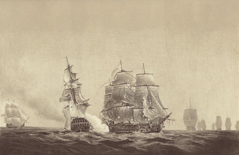 Ryska fartyget Vsevolod flaggar för HMS Implacable, tillhörande svenska flottan och under befäl av kapten Thomas Byam Martin, i Östersjön, 26 augusti 1808 (litografi) av English School