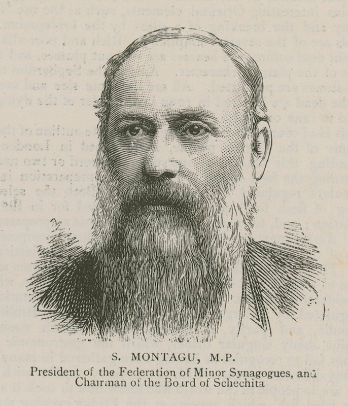 S Montagu, MP, ordförande för Federation of Minor Synagogues och styrelseordförande för Schechita av English School
