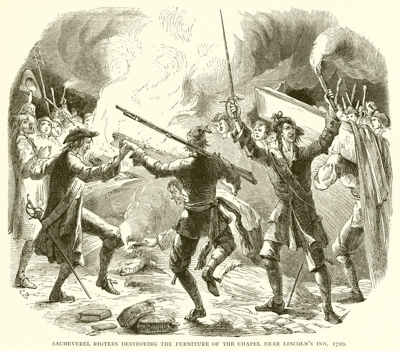 Sacheverel Rioters förstör möblerna i kapellet nära Lincolns Inn, 1710 av English School