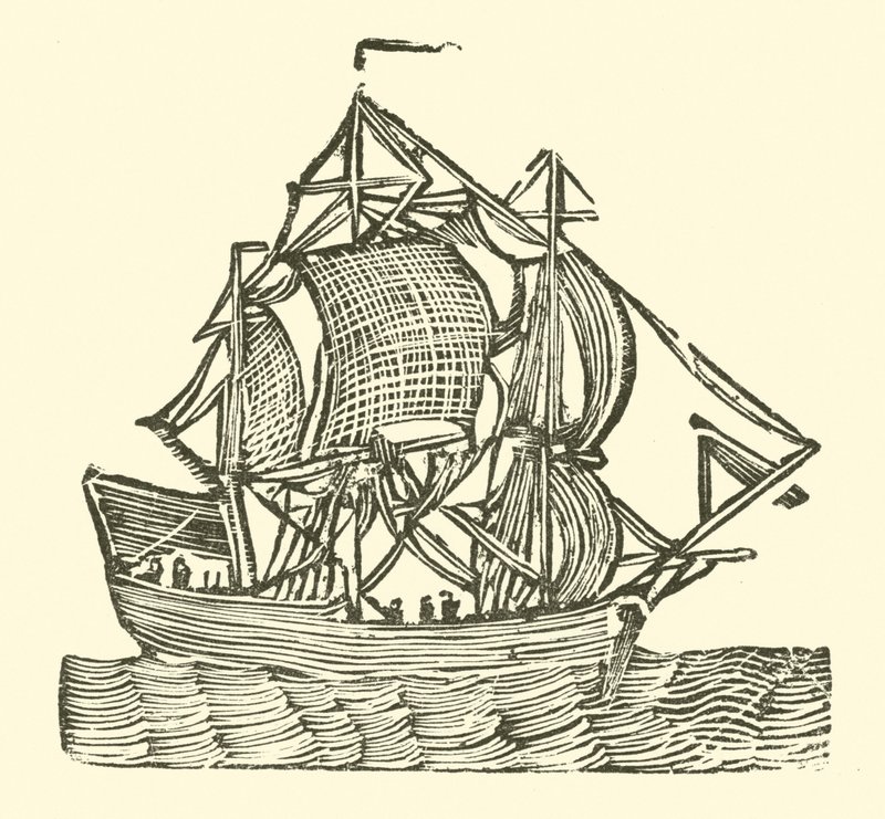 Segelfartyg (träsnitt) av English School