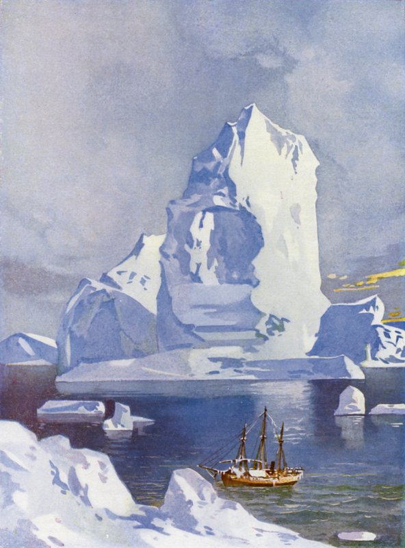 Segelfartyg framför ett gigantiskt isberg (färg litho) av English School