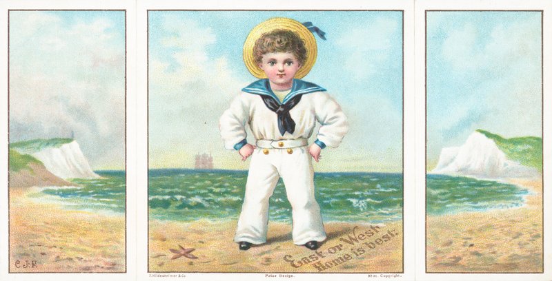 Sjömanspojke på stranden, julkort. av English School