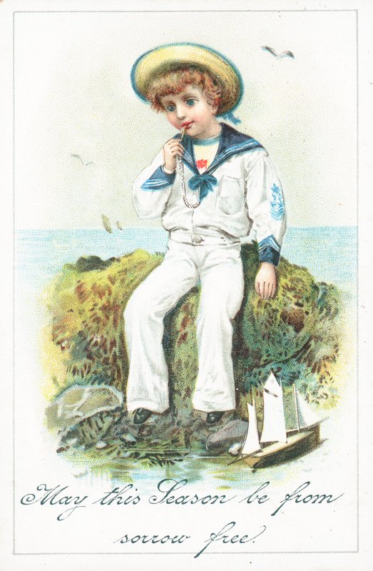 Sailor Boy sitter på stenar, julkort av English School
