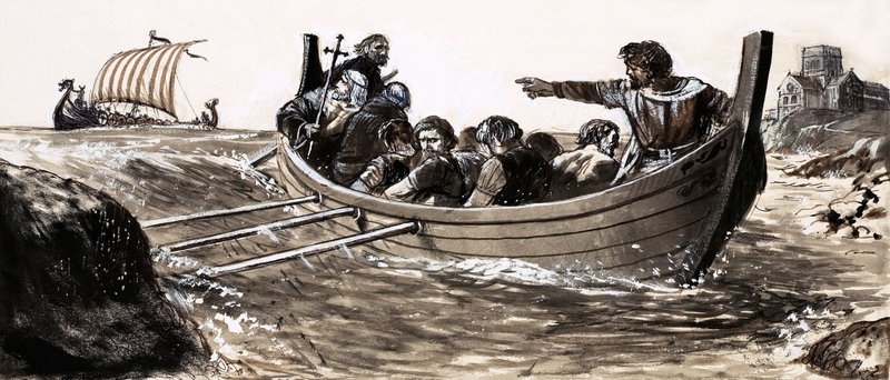 Saint Malo flyr från plundrande vikingar (gouache på papper) av English School