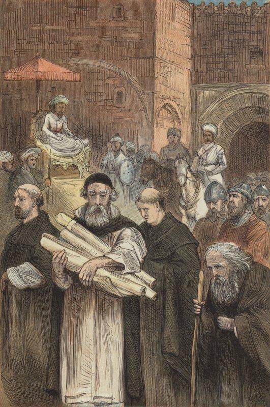 Saladin tillåter de kristna att lämna Jerusalem (färgad gravyr) av English School
